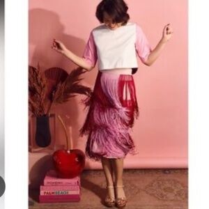 NWT Buru Color Block Elastic-Back Waist Fringe Midi A-Line Skirt XS Valentines